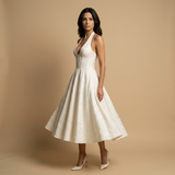 Vestido Midi Halter Escote V Falda Vuelo Jacquard