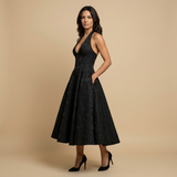 Vestido Midi Halter Escote V Falda Vuelo Jacquard