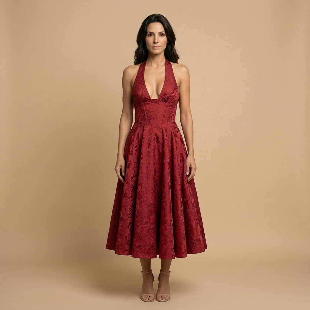 Vestido Midi Halter Escote V Falda Vuelo Jacquard