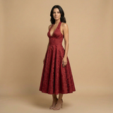 Vestido Midi Halter Escote V Falda Vuelo Jacquard