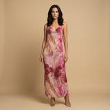 Vestido Largo Halter Floral Cadena Perlas