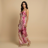 Vestido Largo Halter Floral Cadena Perlas