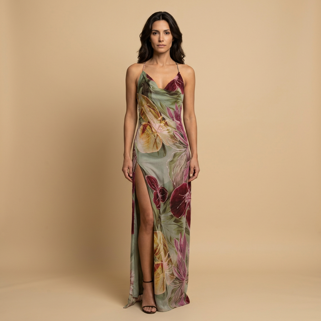 Vestido Largo Halter Floral Cadena Perlas