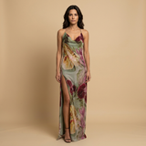 Vestido Largo Halter Floral Cadena Perlas