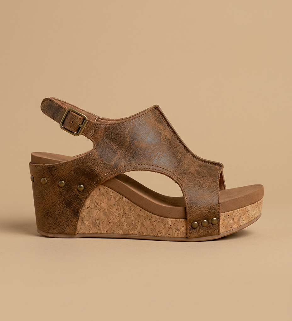 Sandalias Cuña Corcho Cuero Envejecido