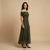 Vestido Largo Off-Shoulder Fruncido Falda Tul Transparente