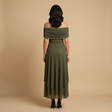 Vestido Largo Off-Shoulder Fruncido Falda Tul Transparente