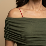 Vestido Largo Off-Shoulder Fruncido Falda Tul Transparente