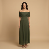 Vestido Largo Off-Shoulder Fruncido Falda Tul Transparente