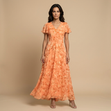 Vestido Largo Chifón Floral Manga Mariposa