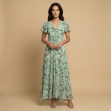 Vestido Largo Chifón Floral Manga Mariposa