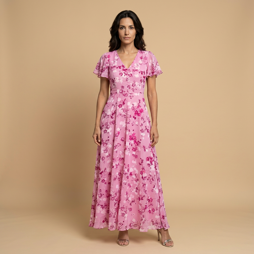 Vestido Largo Chifón Floral Manga Mariposa