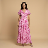 Vestido Largo Chifón Floral Manga Mariposa