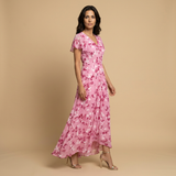 Vestido Largo Chifón Floral Manga Mariposa