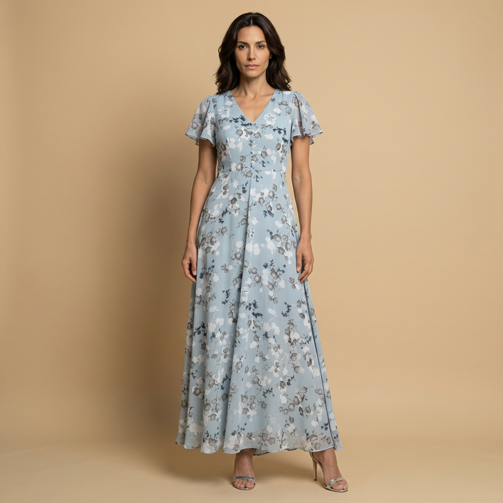 Vestido Largo Chifón Floral Manga Mariposa