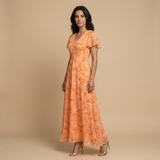 Vestido Largo Chifón Floral Manga Mariposa
