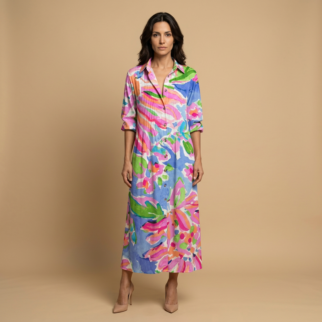 Vestido Largo Camisero Floral Acuarela Boho