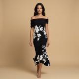 Vestido Midi Off-Shoulder Floral Asimétrico