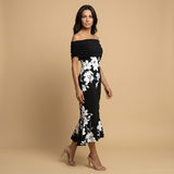 Vestido Midi Off-Shoulder Floral Asimétrico