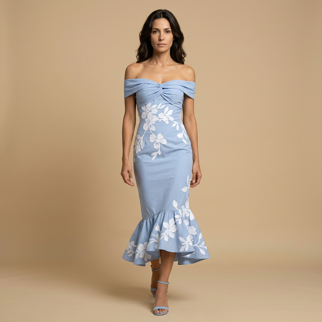 Vestido Midi Off-Shoulder Floral Asimétrico