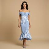 Vestido Midi Off-Shoulder Floral Asimétrico