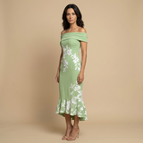 Vestido Midi Off-Shoulder Floral Asimétrico