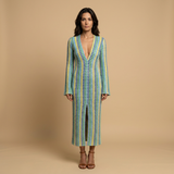 Vestido Largo Crochet Rayas Manga Campana
