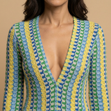 Vestido Largo Crochet Rayas Manga Campana