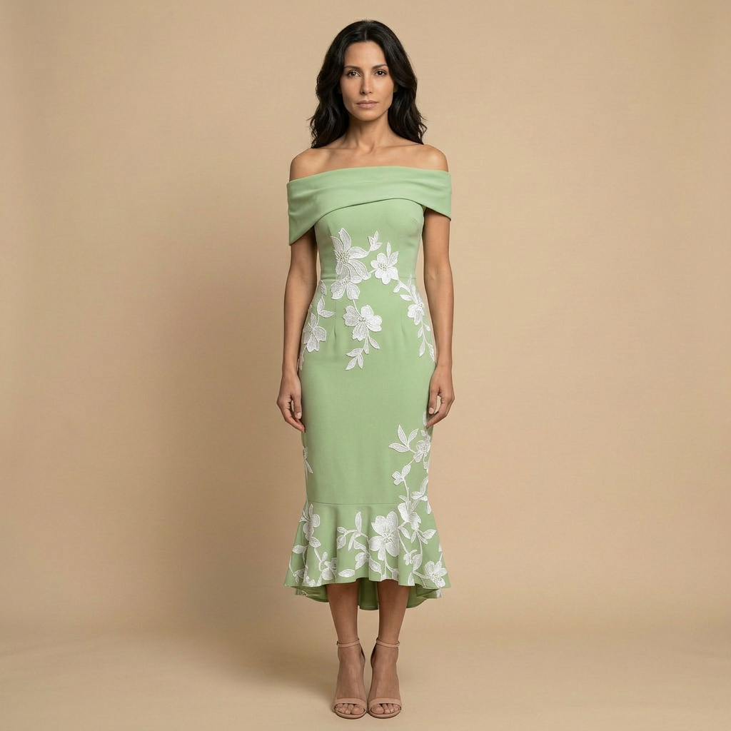 Vestido Midi Off-Shoulder Floral Asimétrico