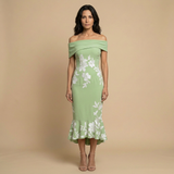 Vestido Midi Off-Shoulder Floral Asimétrico