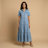 Vestido Largo Denim Camisero Botones Bolsillos