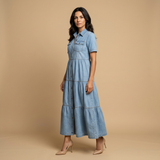 Vestido Largo Denim Camisero Botones Bolsillos