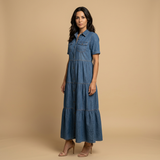 Vestido Largo Denim Camisero Botones Bolsillos