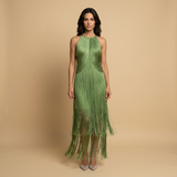 Vestido Largo Halter Flecos Cascada