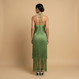 Vestido Largo Halter Flecos Cascada
