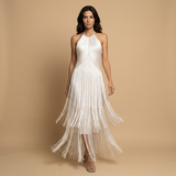 Vestido Largo Halter Flecos Cascada