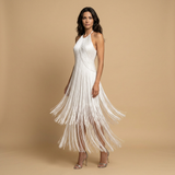 Vestido Largo Halter Flecos Cascada