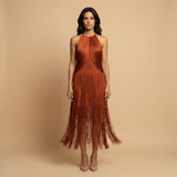 Vestido Largo Halter Flecos Cascada