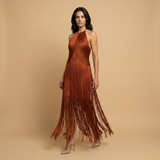 Vestido Largo Halter Flecos Cascada