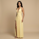 Vestido Largo Halter Escote V Fruncido Abertura