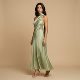 Vestido Largo Satinado Halter Estola Integrada