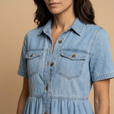 Vestido Largo Denim Camisero Botones Bolsillos