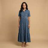 Vestido Largo Denim Camisero Botones Bolsillos