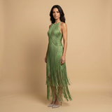 Vestido Largo Halter Flecos Cascada
