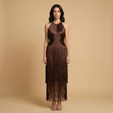 Vestido Largo Halter Flecos Cascada