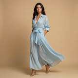 Vestido Largo Camisero Organza Cinturón Lazo