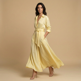 Vestido Largo Camisero Organza Cinturón Lazo