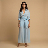Vestido Largo Camisero Organza Cinturón Lazo