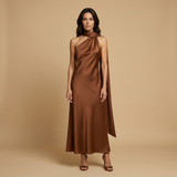 Vestido Largo Satinado Halter Estola Integrada