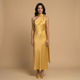 Vestido Largo Satinado Halter Estola Integrada